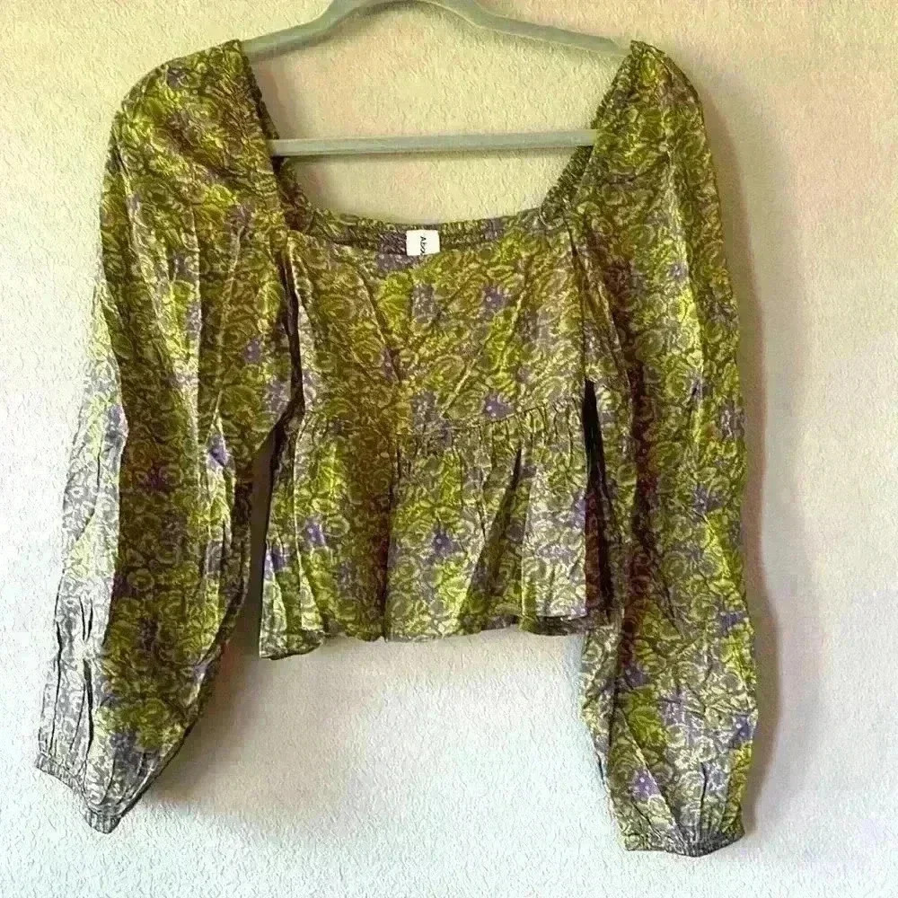 Abound Purple Green Paisley Crop Floral Long Sleeve Top Women's XS NWT